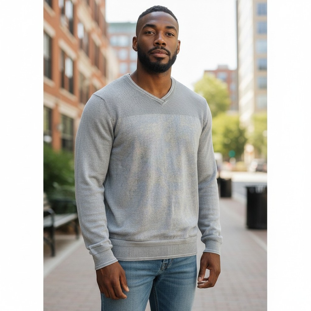 Carbon2Cobalt Mens‎ Gray V-Neck Cotton Cashmere Sweater Large Preppy old money